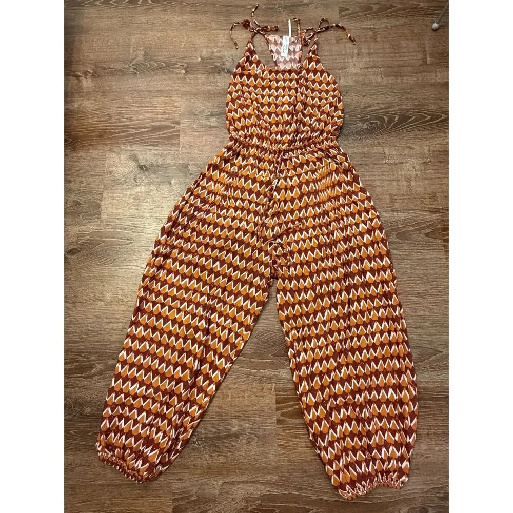 Anthropologie Jumpsuit by Graham Keegan Boho Geometric Chevron Tie Shoulder M